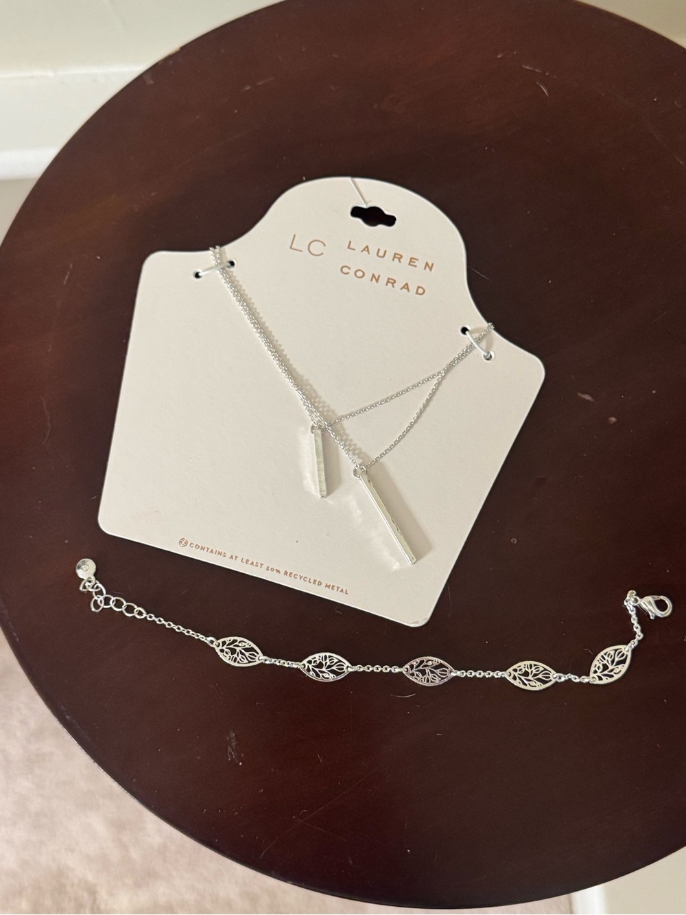 LC Lauren Conrad Silver Double Bar Necklace with Filigree Link Bracelet